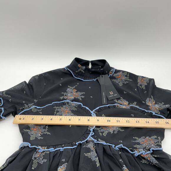 New LOST INK Patterned Ruffle Bell Sleeve Chiffon Dress Womens Sz XXS - Picture 5 of 7